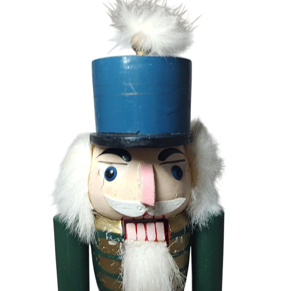 Traditional Soldier Nutcracker Green‎ Red Black Fur Hair and Beard Fifteen Inch